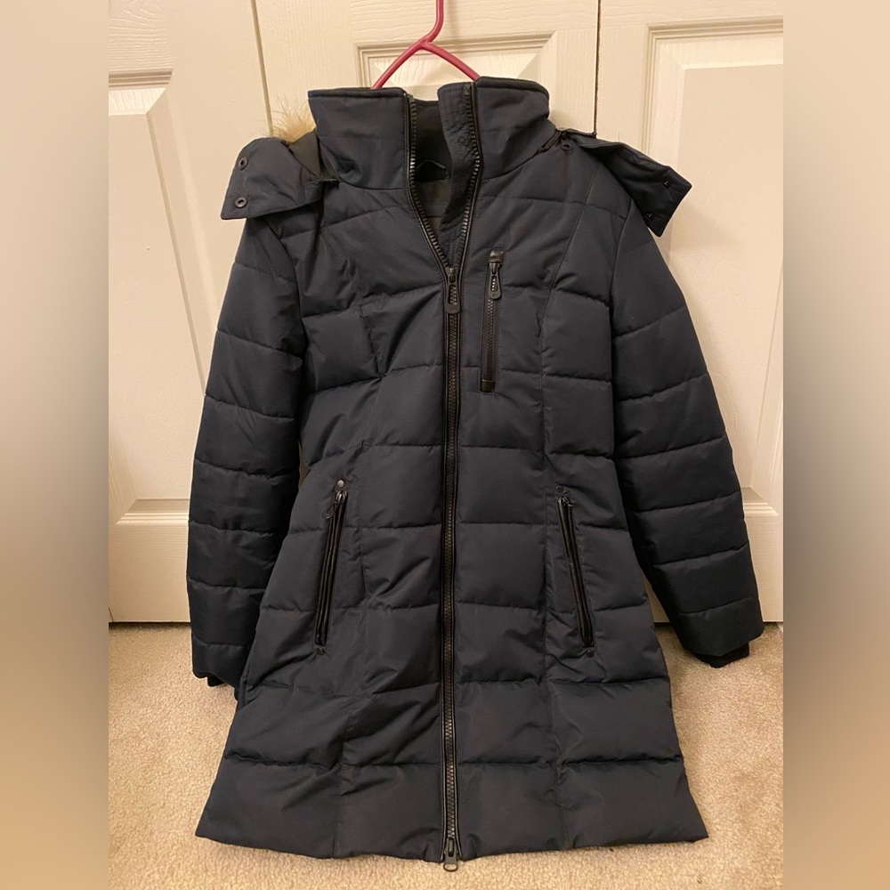Navy long faux fur-lined puffer jacket